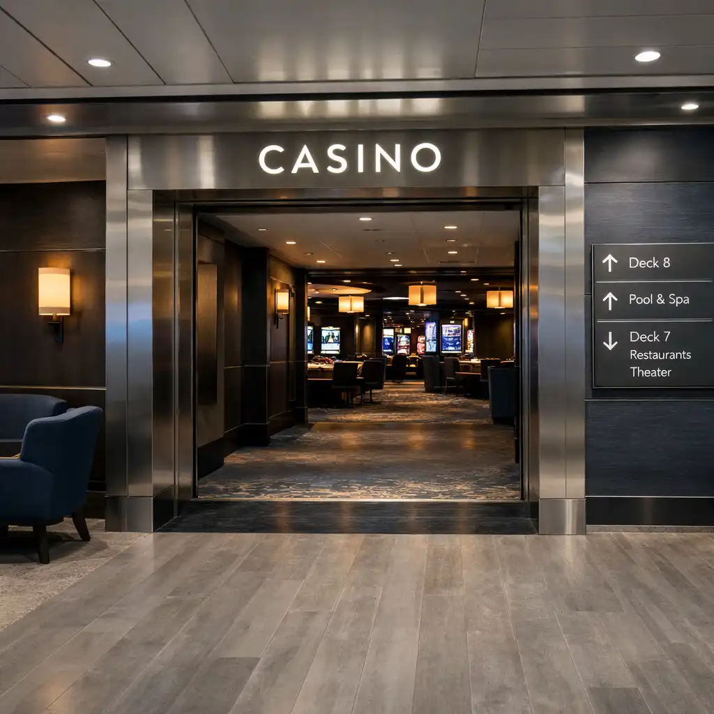 Illustrative cruise ship casino entrance connected to a public promenade and lounge seating.
