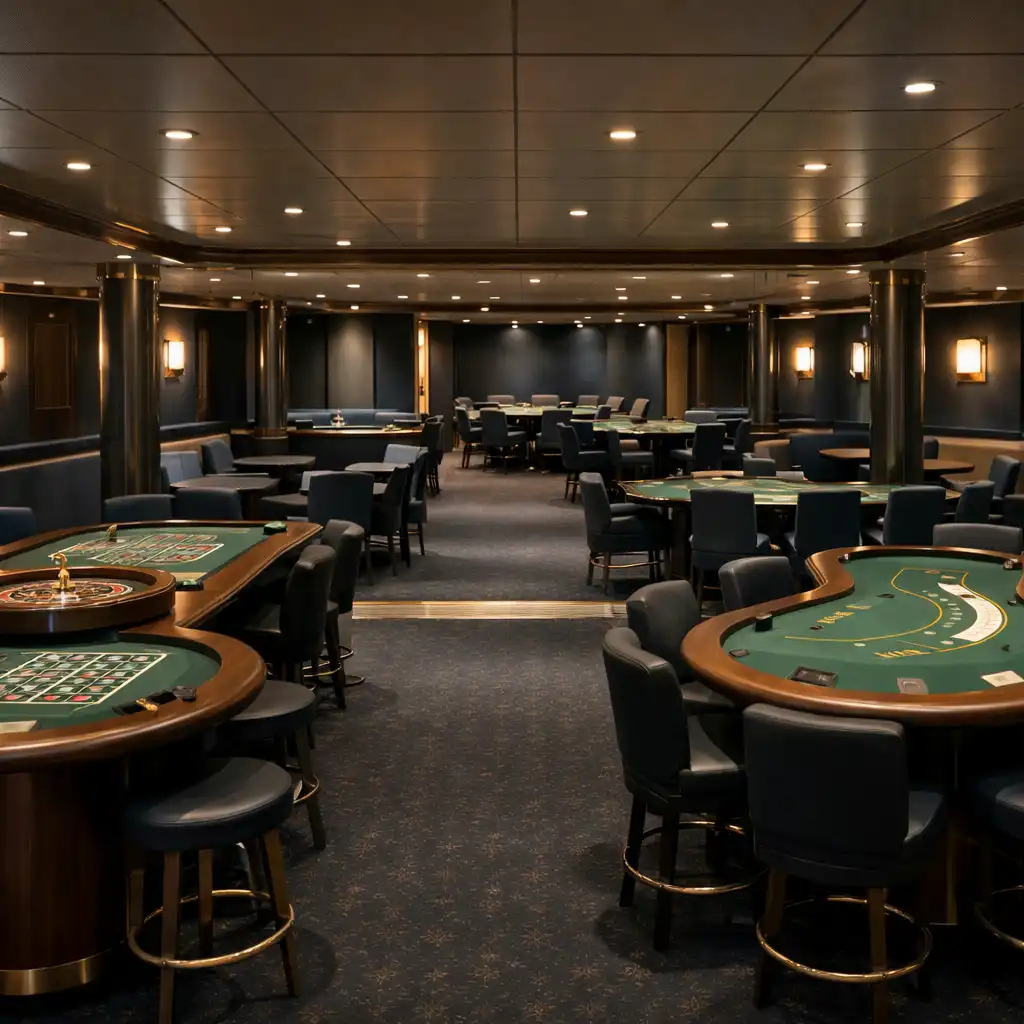 Organised cruise ship casino interior with roulette, blackjack, poker area and clear circulation aisles