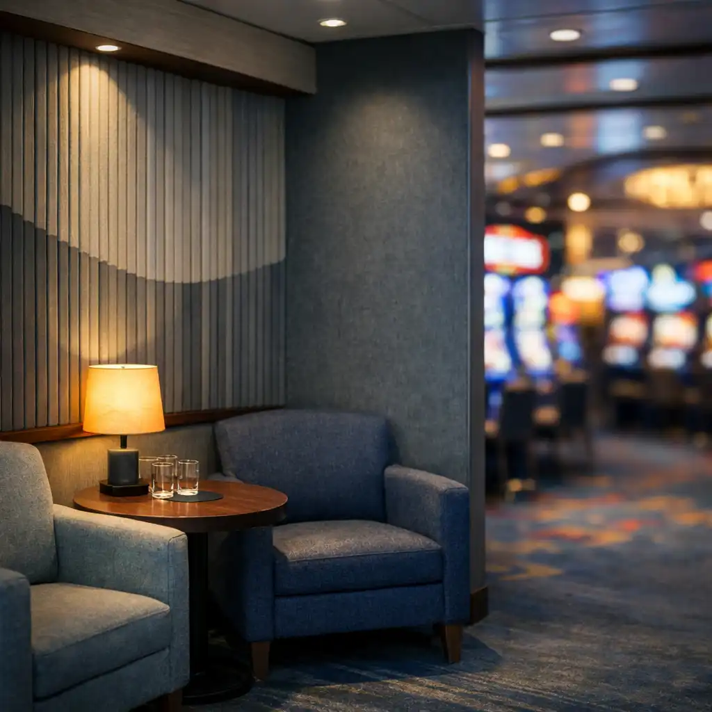 Illustrative quiet lounge edge adjoining a casino, with seating and acoustic wall treatment.