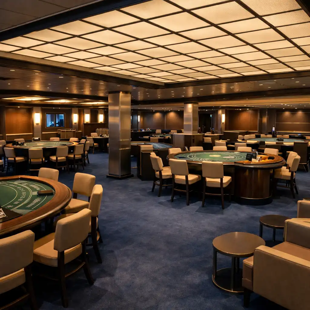 Illustrative casino interior showing table spacing, circulation aisles and seating edges around blackjack and roulette tables.