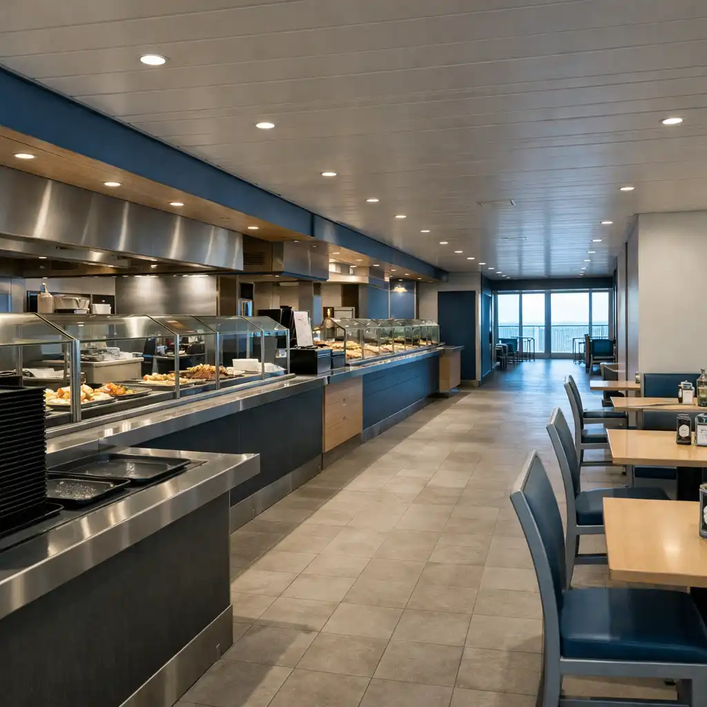 Generic cruise casual dining counter with a service line, compact tables and a broad circulation aisle.