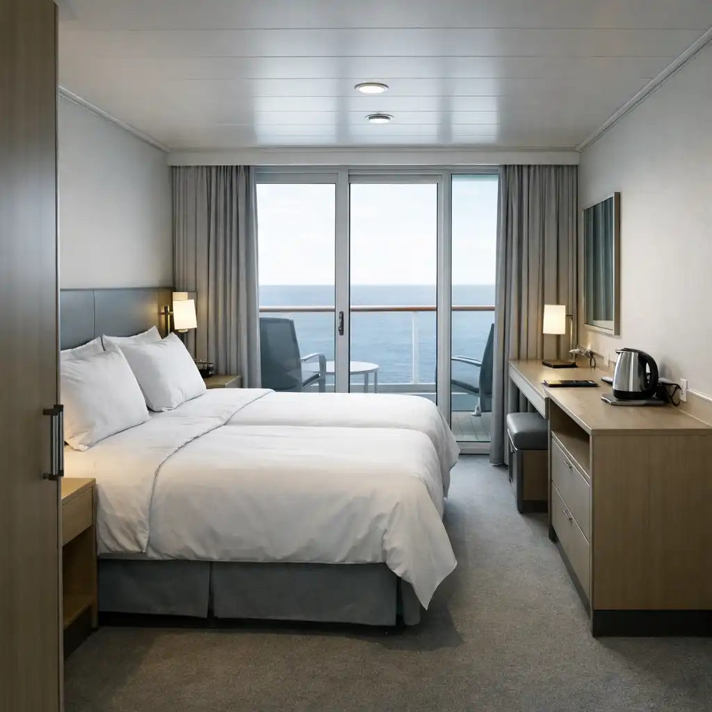 Balcony cabin interior viewed from the entry toward a glazed balcony door, with bed, desk and clear central route.