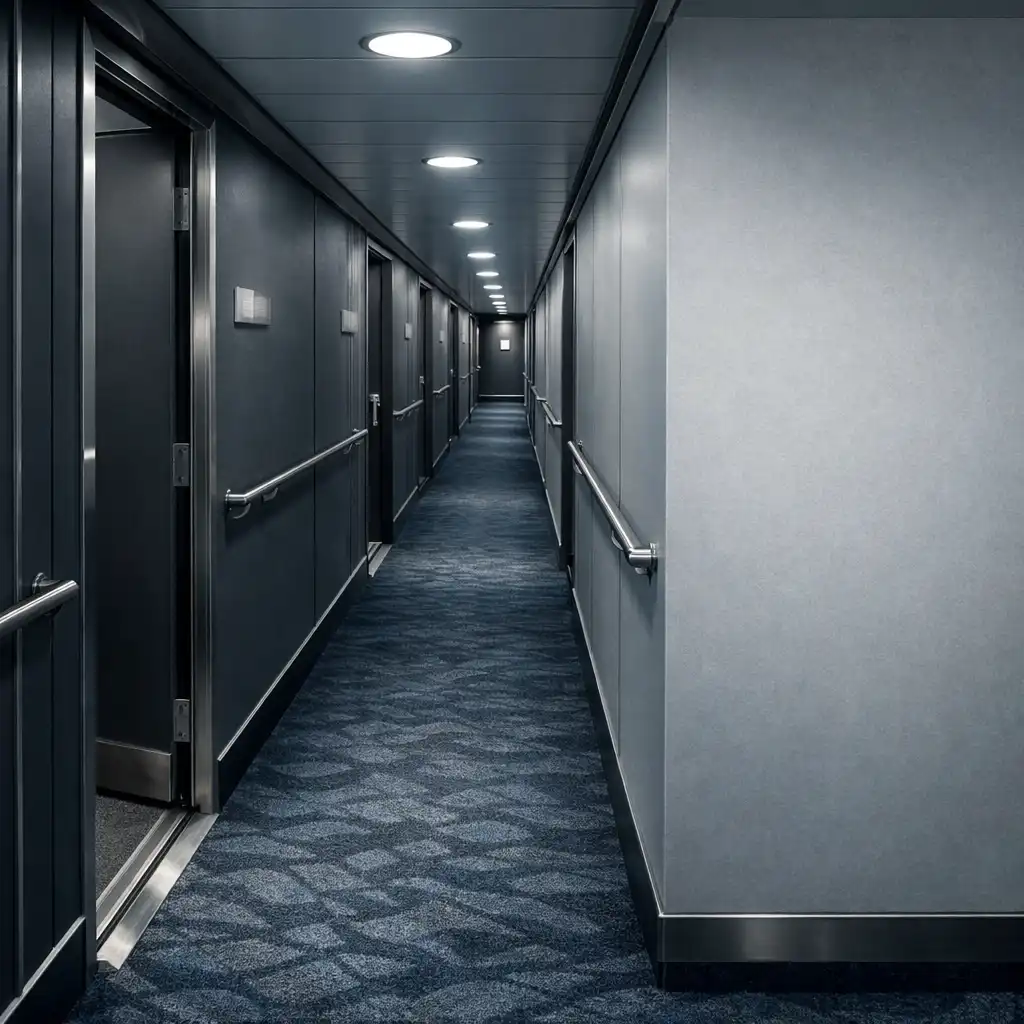 Cruise ship accommodation corridor with cabin doors, low-profile lighting and a visible cabin threshold.