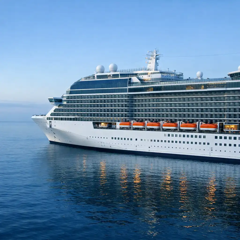 Broadside view of a cruise ship showing balcony cabin bands, lifeboat level and upper public decks.