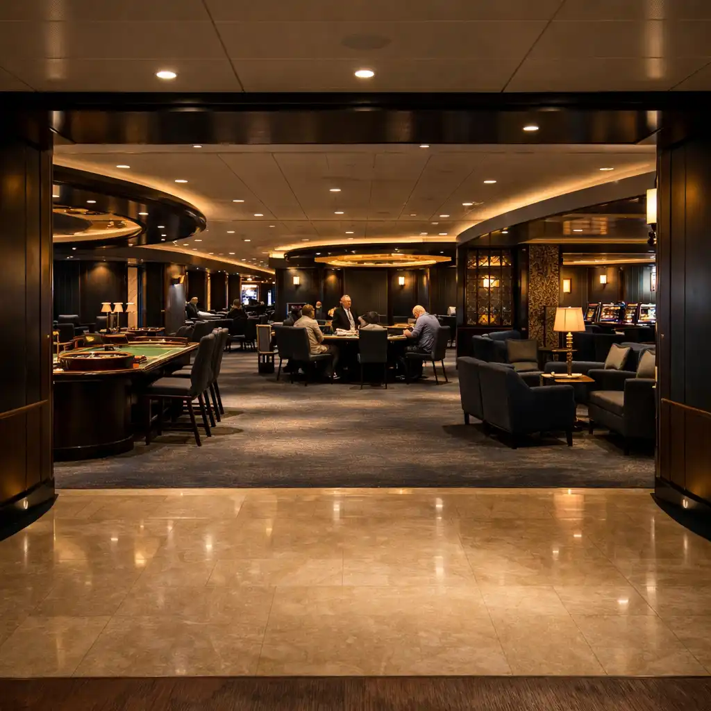 Casino entrance threshold with table games, open aisles and lounge boundary on a cruise ship.