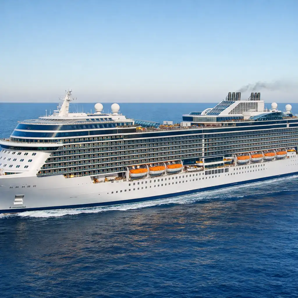 Broadside view of a cruise liner showing cabin decks, pool structures and upper-deck infrastructure at sea