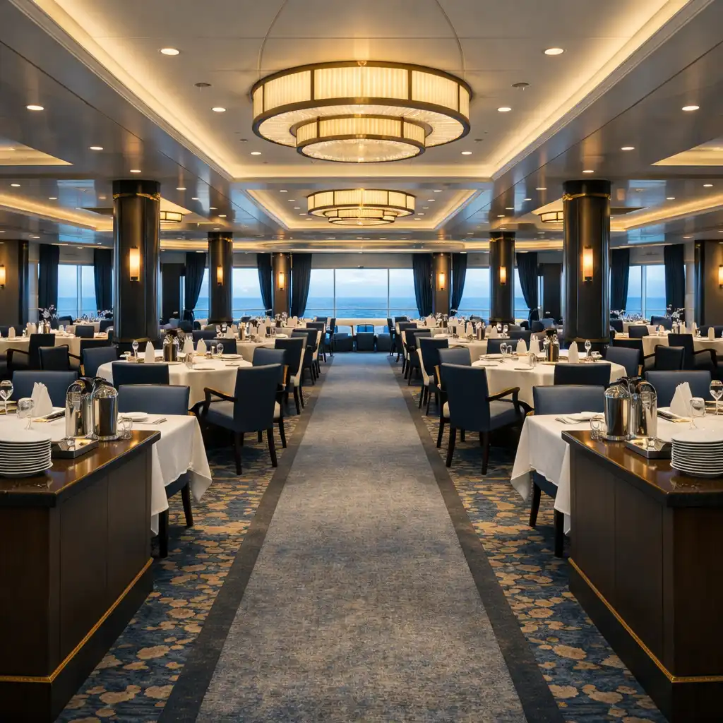 Cruise ship dining room with a broad central aisle, tables and sea-facing windows.