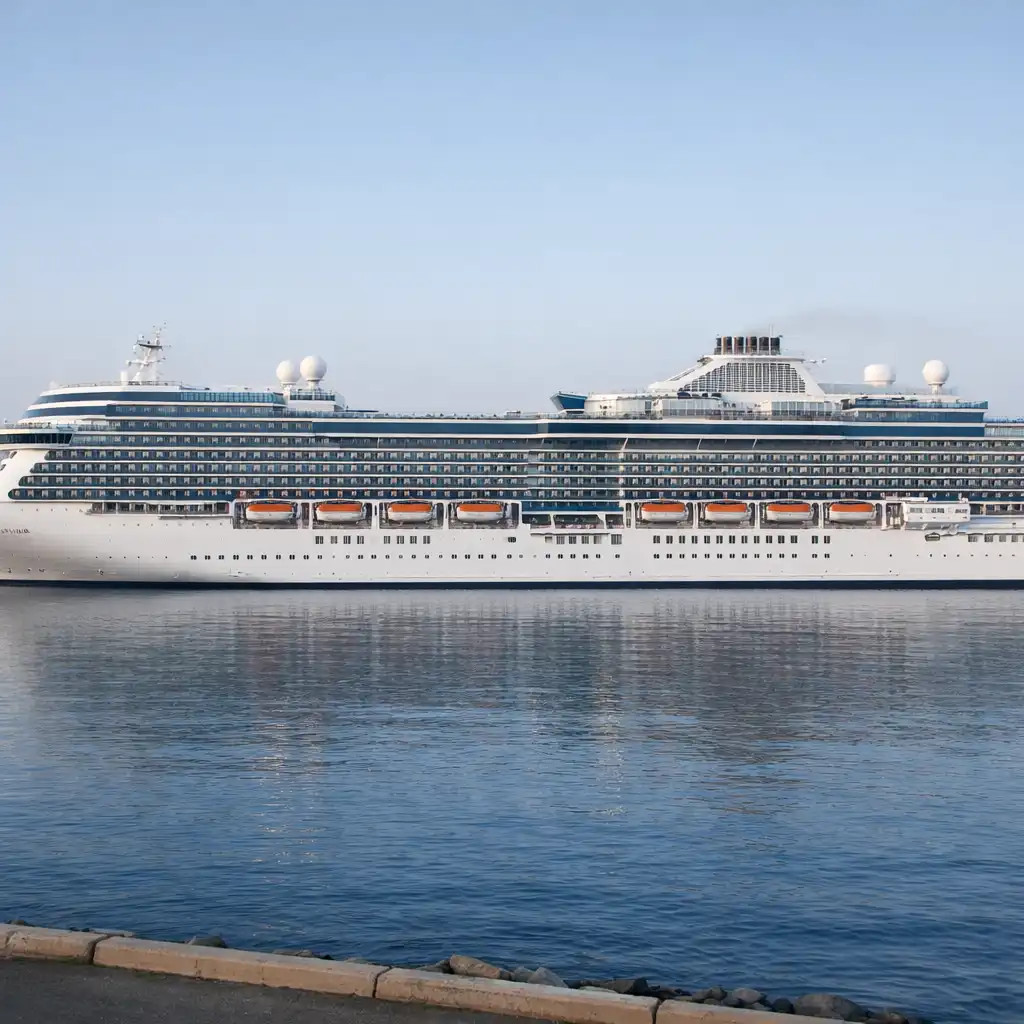 Broadside view of a modern cruise ship showing stacked balcony, lifeboat and upper recreation decks.