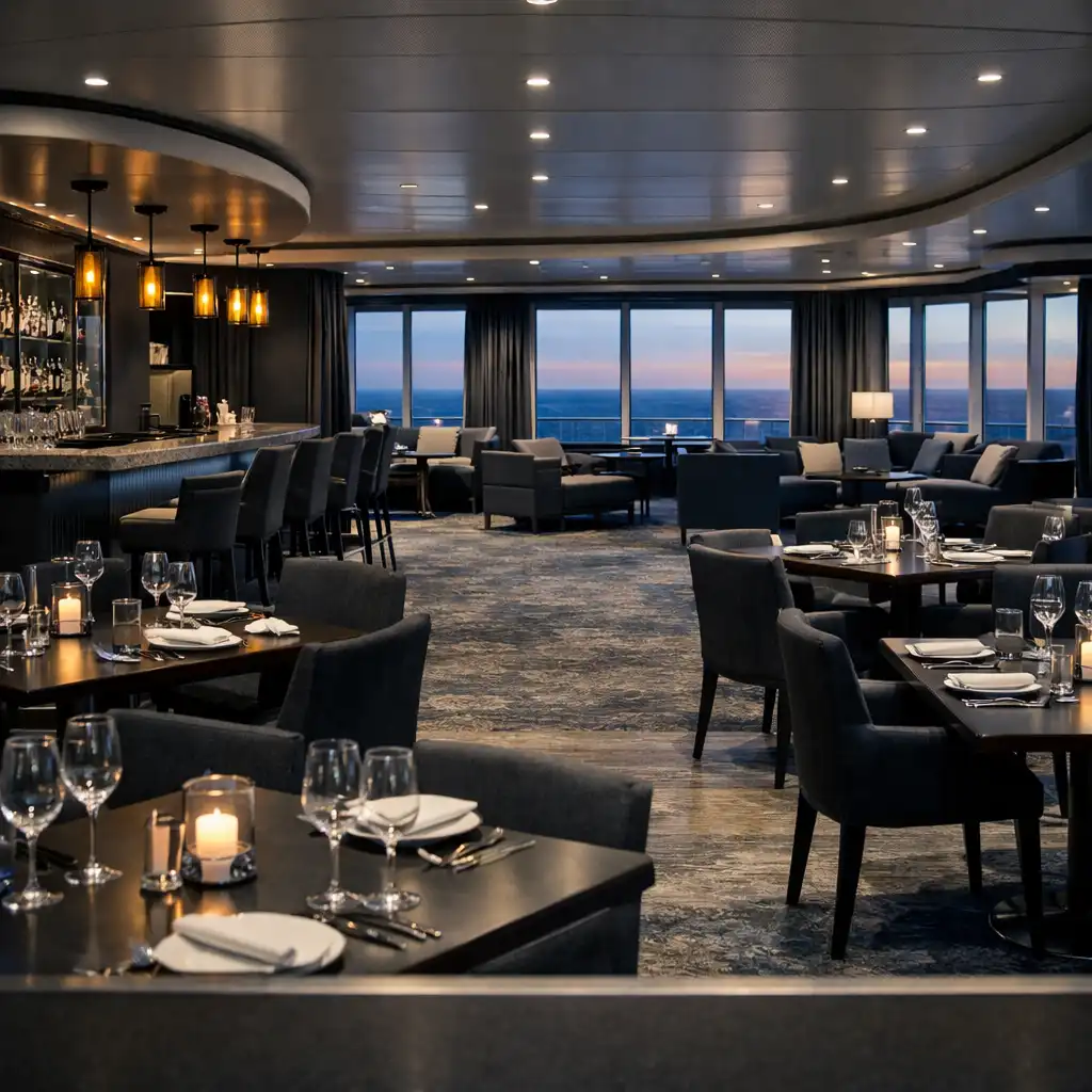 Cruise ship dining and lounge interior with tables, bar seating and ocean-facing windows