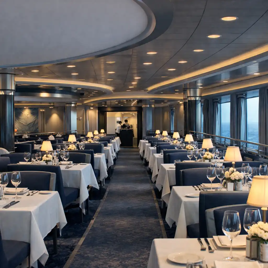 Generic cruise main dining room showing a central aisle, arranged tables and a distant service entrance.