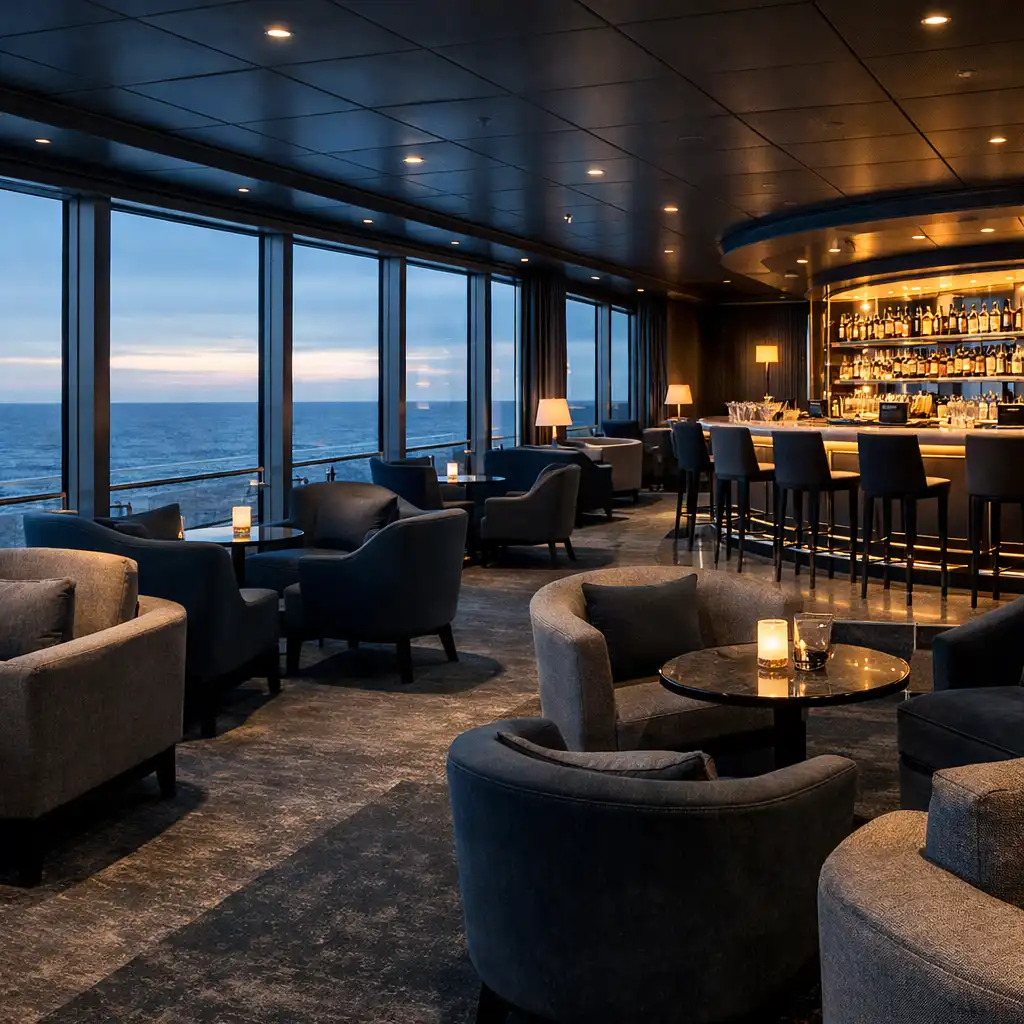Generic cruise observation lounge showing varied seating, sea-facing windows, circulation paths and a compact bar.