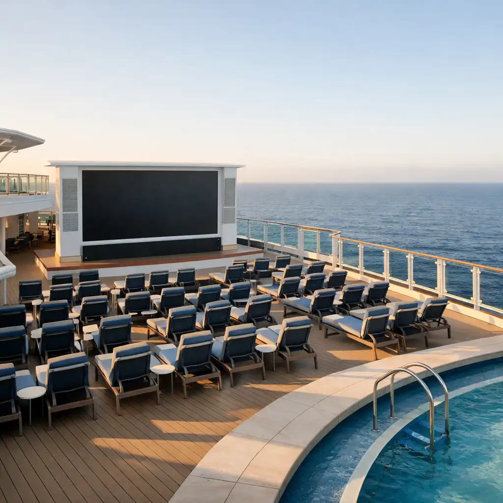 Open cruise ship recreation deck with screen, lounge seating, pool edge and sea horizon