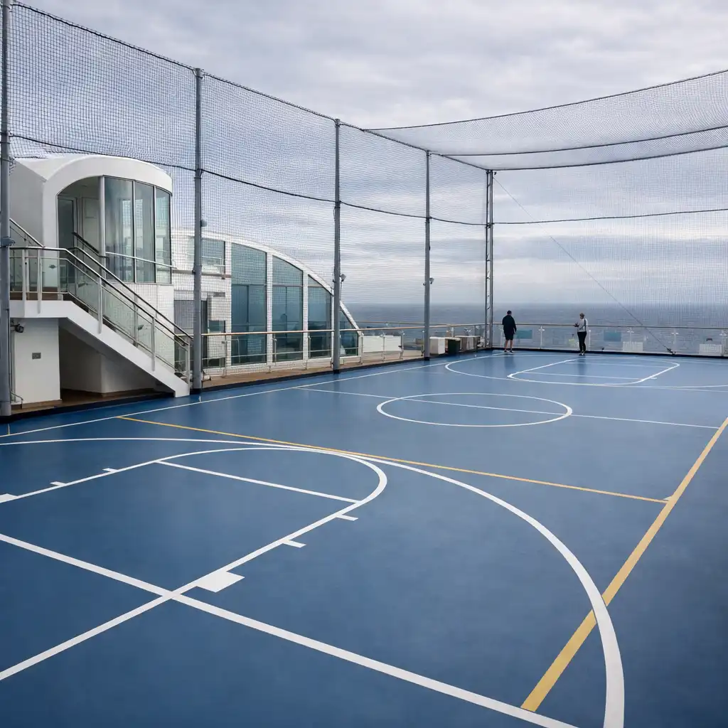 Upper-deck cruise ship sports court with netting, court markings and ocean horizon