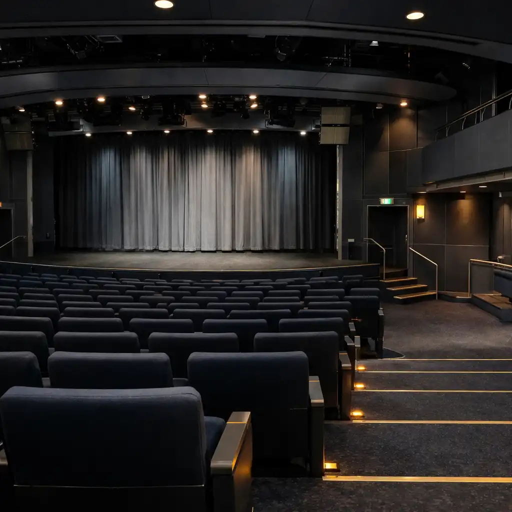 Cruise ship theatre showing raked seats, aisles, handrails and stage sightlines